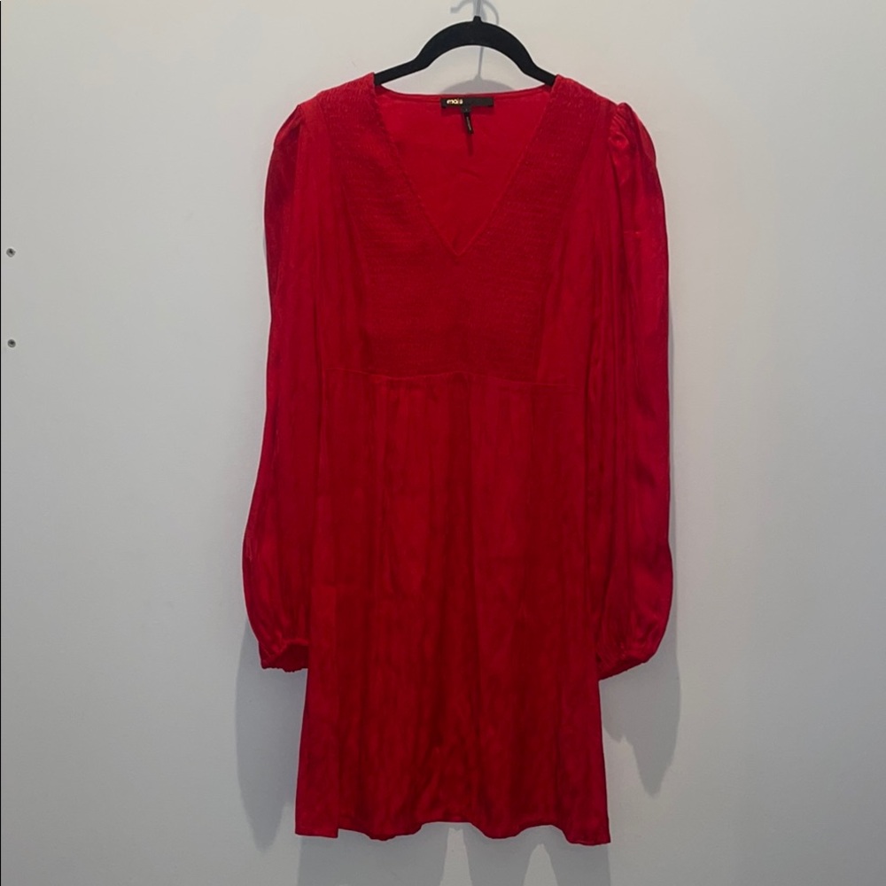 Maje Red v-neck satin leopard fit and flare balloon sleeve dress